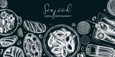 Seafood background on chalkboard. Hand-drawn mussels, oysters, shrimps, caviar, canned fish canape sketches. Mediterranean cuisine, restaurant menu, finger food party banner design